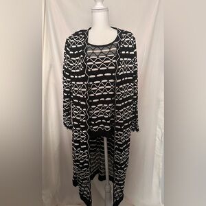 St John Wool Cashmere Duster & Tank Set XL – Black/White Geometric Knit